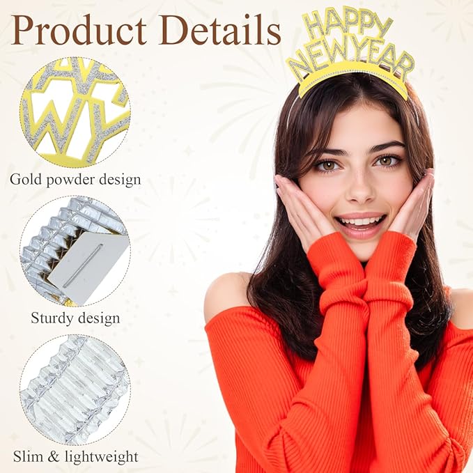 minkissy 12pcs Happy New Year Headband Tiara, Aluminum Foil Party Headbands New Years Eve Party Supplies for Christmas Holiday