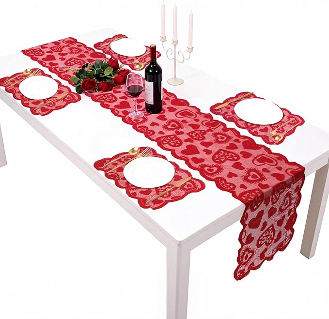 5Pack Valentines Day Decorations Valentine's Day Table Runner Red Heart Lace Table Runner for Valentines Day Decor Anniversary Engagement Wedding Home Table Romantic Decorations 13x72