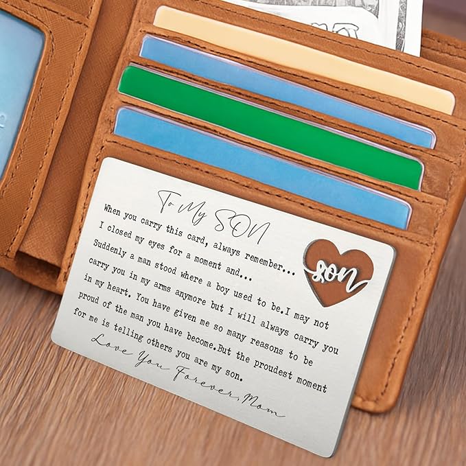 To My Son Wallet Insert Card from Mom, Stainless Steel Laser-Engraved Postcard with Heart Cutout, Emotional Gift for Son, Inspirational Pocket Keepsake for Birthday, Graduation, Christmas QBK06