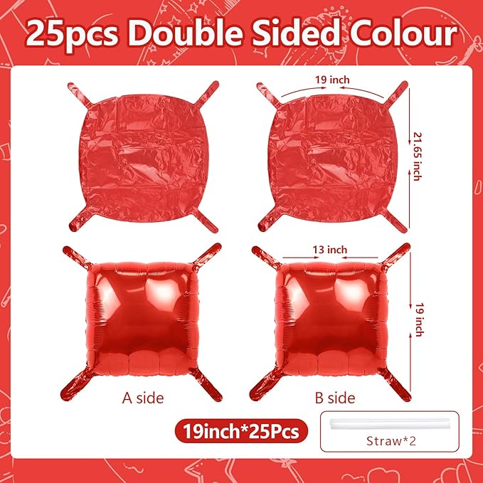 NISOCY 25PCS Red Square Foil Balloons Wall Backdrop Metallic Double Sided Red Christmas Balloon Tunnel Arch Kit for Christmas Birthday Baby Shower Valentine‘s Day Party Decoration