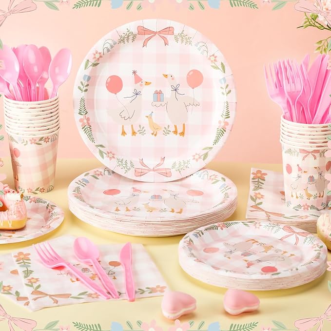 Havawish 175pcs One Silly Goose Birthday Party Tableware Set for 25 Guests - Pink Bow Decor - Includes Plates, Cups, Napkins, Forks, Spoons, Knives