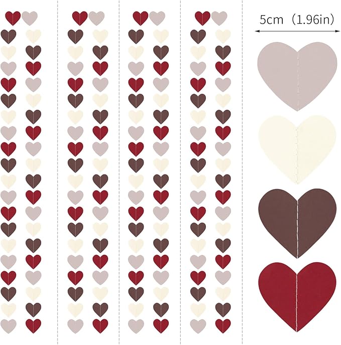 Boho Wedding Bridal-Shower Party-Decorations Heart-Garland - 52Ft Fall Autumn Brown Burgundy Dusty-Pink Paper Streamers Banner,Birthday Baby Engagement Bachelorette Valentines Decor Lasting Surprise