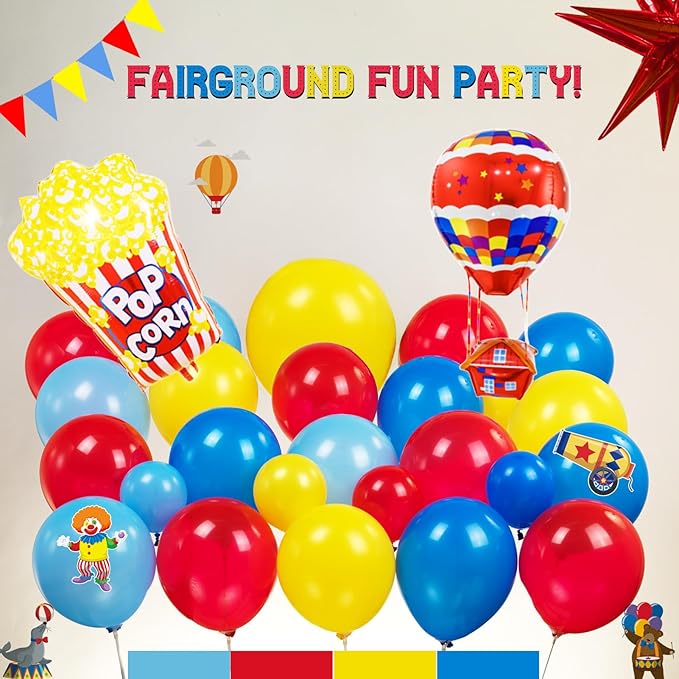 Circus Theme birthday party decorations & include red blue yellow balloon garland & foil hot air popcorn balloons & banner carnival road sign paper card background decor