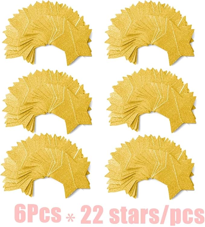 6 Pcs Gold Glitter Star Paper Garland Twinkle Bunting Banner Hanging Decorations for Christmas Birthday Party Golden Sparkling Stars for Bridal Showers Wedding Baby Shower Holiday Supplies (50 Feet)