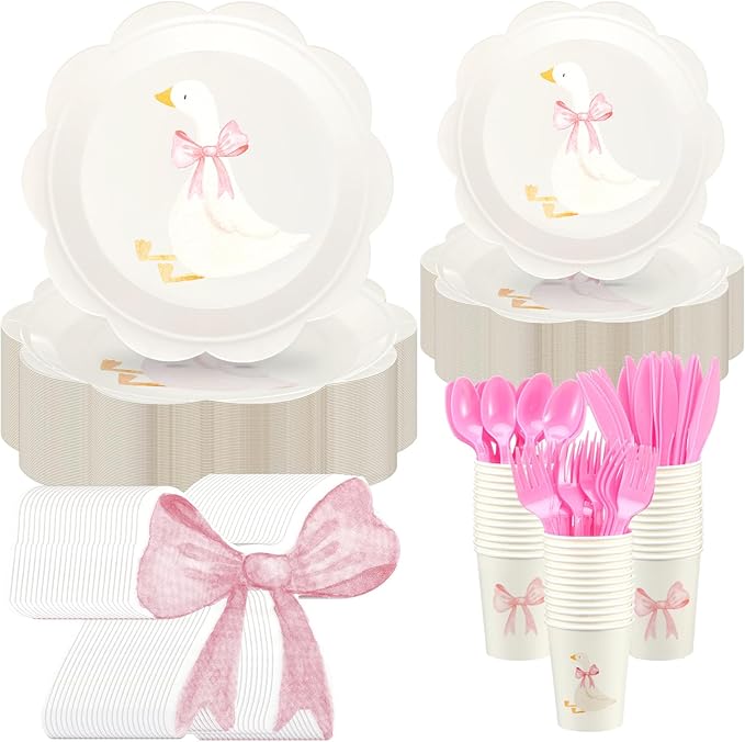 One Silly Goose Birthday Party Tableware Set for 25 Guest Disposable Plates Cups Bow Napkins Fork Knife Spoon Silly Goose Baby Shower Party Favors Birthday Decorations(175,Pink)