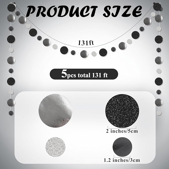 Outus 5 Pieces Black,Silver Round Dots Garland Easter Graduation Party Hanging Decor Each Length 13.1ft Glitter Paper Dot Streamers for Birthday Wedding Classroom
