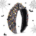 Halloween Headbands for Women, Spider Web Black Pearl Rhinestone Wide Jeweled Knotted Headband, Crystal Beaded Jeweled Top Knot Embellished Headband Hair Accessories Halloween Birthday Gift