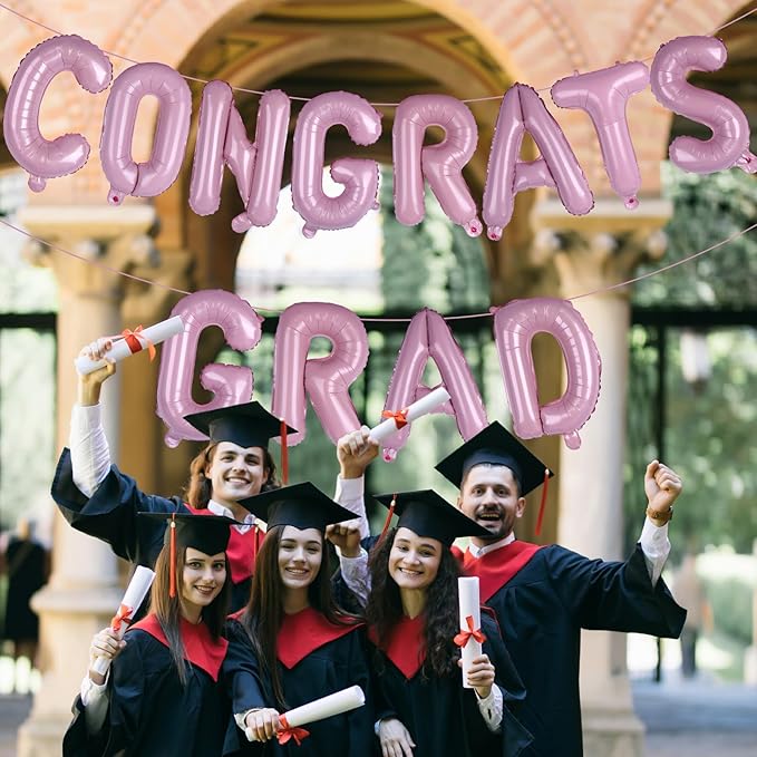 KALOR 16 Inch Pink Congrats Grad Banner Balloons, Pink Congrats Grad Letters Sign, Graduation Decorations 2026 for Graduation Party Decorations 2026