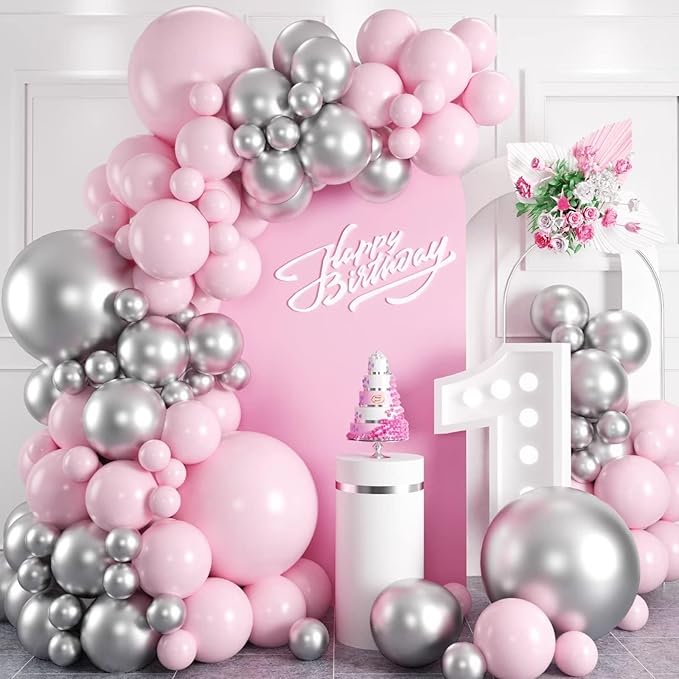 Pink and Silver Balloon Arch Kit, Metallic Silver Macaron Pink Balloon Garland Kit, Helium Latex Balloons Different Sizes for Wedding Bridal Shower Baby Shower Party Decorations