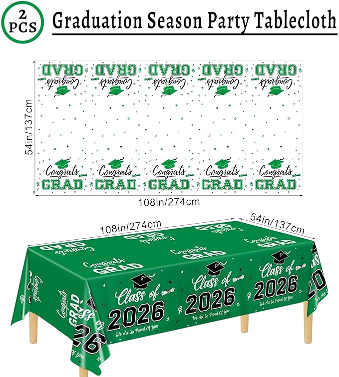 Oigco 2026 Graduation Decorations, 2 Pack Green Graduation Tablecloths Class of 2026, Congrats Grad Plastic Tablecloths for Graduation Party Decorations, 54 x 108 Inch