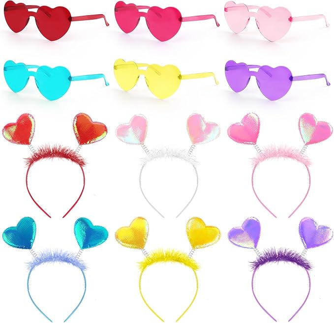 Valentines Day Heart Headband and Heart Glasses, 6 Pcs Each, Costume Cosplay Accessories for Kids Adults, Party Supplies, Romantic Gift