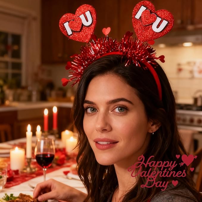 Valentines Headband with 3d Heart Designs Shiny Red Tassel Head Bopper Red Heart Headbands Sign Love Letters Headband for Valentines Lover Party Hair Accessory Supplies 1pcs