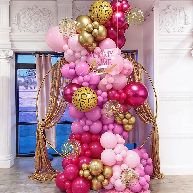 Hot Pink Cheetah Print Balloon Arch Kit, 112Pcs Pink Gold Balloon Garland with Gold Leopard Print Latex Balloon for Valentines Day Safari Jungle Animal Wild Cheetah Zoo Theme Birthday Party Decoration