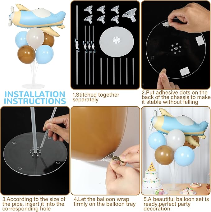 Airplane Baby Shower Birthday Party Decorations Balloons Stand Kit 2 Sets with 2 Airplane Cloud Foil Balloons Baby Boy Shower Balloon Centerpiece for Table for Kid Time Flies 1st Birthday Party Decor