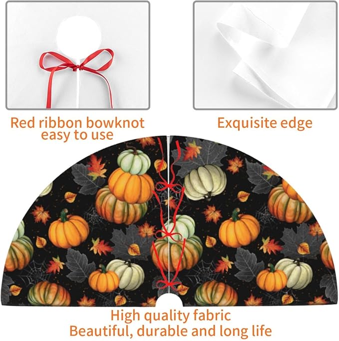 Thanksgiving Fall Tree Skirt Maple Leaf Pumpkin Spider Web Christmas Tree Skirt Xmas Tree Mat Halloween Christmas Tree Ornaments Decorations Holiday Party Indoor Outdoor 30"