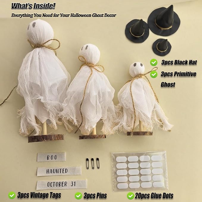Halloween Decorations Indoor - 3 Set Primitive Halloween Ghosts with Hat, Wooden Stand Ghost Decor for Table Centerpieces, Mantels, Shelves, Vintage Spooky & Festive Party Decor