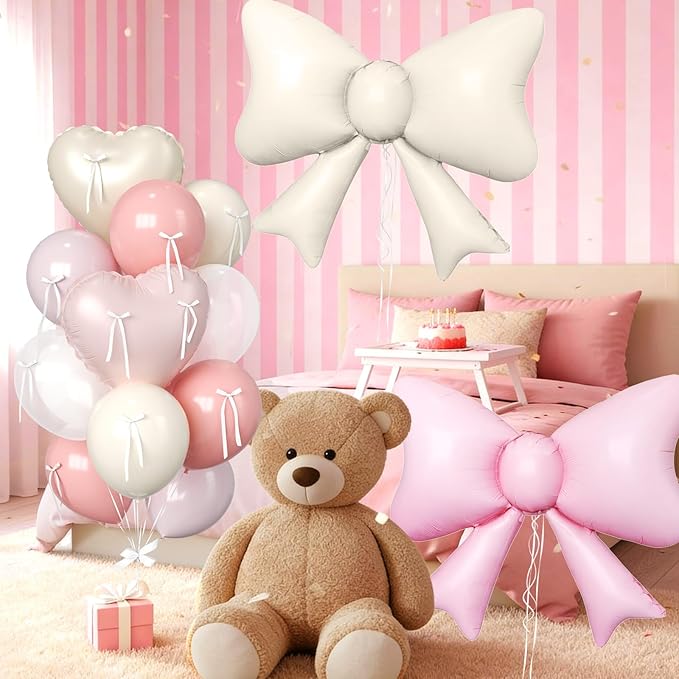 Paready Pink and Cream Heart Balloons, 38 Inch Bow Balloons, Dusty Pink Pearl White Sand White Balloon and Bow Heart Shaped Foil Balloon for Girls Birthday Bridal Baby Shower Valentines Decorations