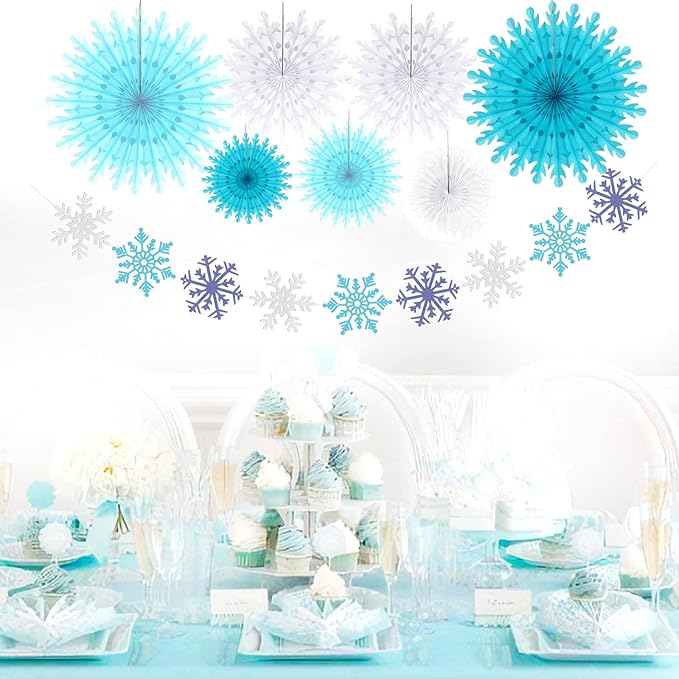 Snowflake-Snow Blue-White Christmas Frozen Party-Decorations - 9pcs Winter Girl Birthday New Year Paper Fan Banner Stareamers, Wonderland Party Supplies Decor Lasting Surprise