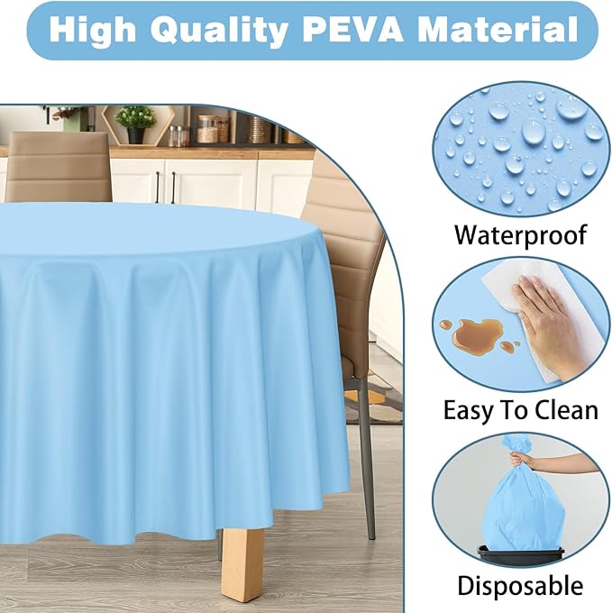 Kopokita 2 Pack Light Blue Round Disposable Plastic Tablecloths 84 inch Party Table Covers