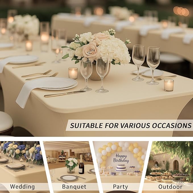 Fixwal 3 Pack Champagne Beige Cream Stretch Spandex Tablecloth 6FT - Fitted Washable Wrinkle Resistant Rectangular Table Cover for Wedding Trade Show Party Event [72Lx30Wx30H Inch]