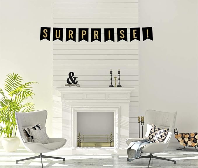Andaz Press Faux Gold Glitter on Black Party Banner Decorations, Surprise!, Approx 5-Feet, 1-Set, Birthday Wedding Baby Shower Colored Hanging Pennant Decor