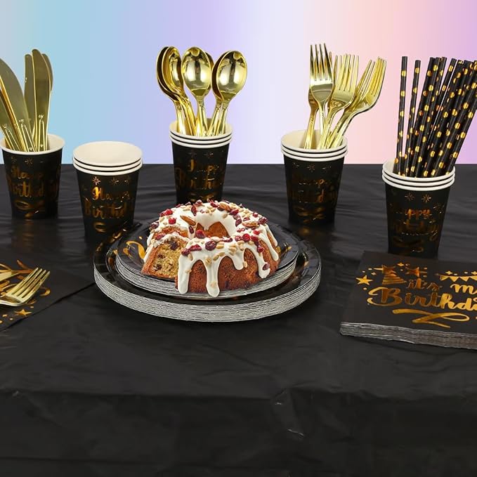 201 Pieces Birthday Plate Set, Birthday Decorations, Includes Paper Plates, Paper Cups, Straws, Napkins, Tablecloths, and Plastic Knives, Forks, and Spoons, Suitable for parties of 25 people!（Black）