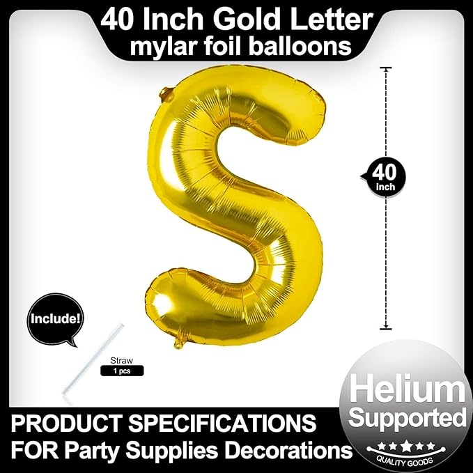 40 Inch Gold Letter S Balloons, DIY Phrase Foil Alphabet Letter S Balloons DIY Word S Banner for Birthday Anniversary Celebration Graduation Party Supplies Decoration