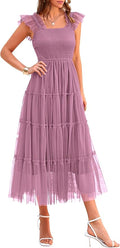 PRETTYGARDEN Women's Summer Tulle Midi Dress Sleeveless Smocked Ruffle Flowy Mesh Dresses Party Wedding Guest Sundress