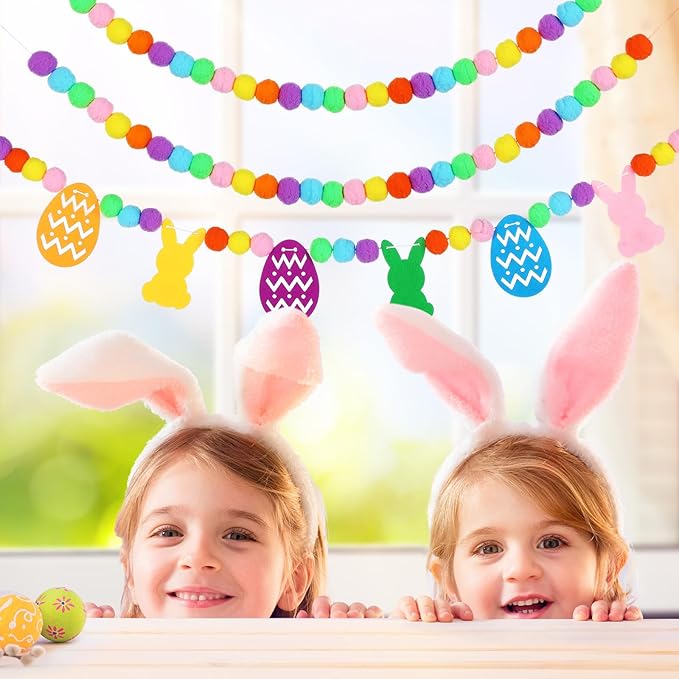 Breling 3 Pieces Easter Felt Garland 10 ft Colorful Felt Pom Pom Ball Garland Bunny Eggs Easter Banner Decorations for Mantle Fireplace Room Hanging Decor