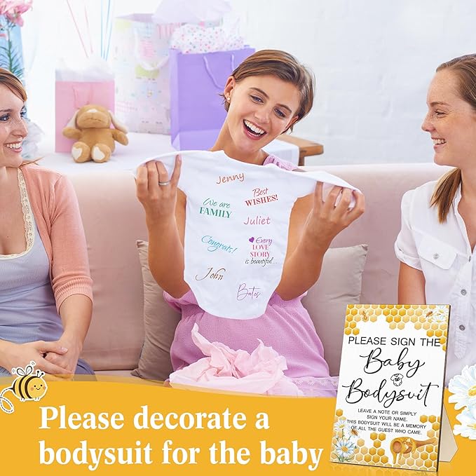 Qunclay 12 Pcs Baby Shower Game Decor with White Unisex Bodysuit Wooden Sign Tabletop Decor and Marker for Guests(Bee)