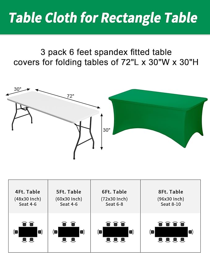 Fixwal 3 Pack Green Table Cloth for 6 Foot Rectangle Tables,Rectangular Tablecloths Stretch Spandex Fitted Table Covers 6 Ft for Parties, Trade Shows, Banquet, Buffet