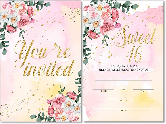 Soiceu Floral Gold Foil Sweet Sixteen Birthday Party Invitations with Envelopes Set of 20 Gold Glitter Pink Flowers Sweet 16 16th Birthday Party Invites