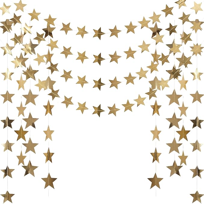 Spakon 65 Feet Glitter Star Paper Garland Banner Hanging Decoration Star Streamers Double Side 2026 Graduation Decorations for Wedding Birthday Festival New Year Party Decoration(Champagne Gold)