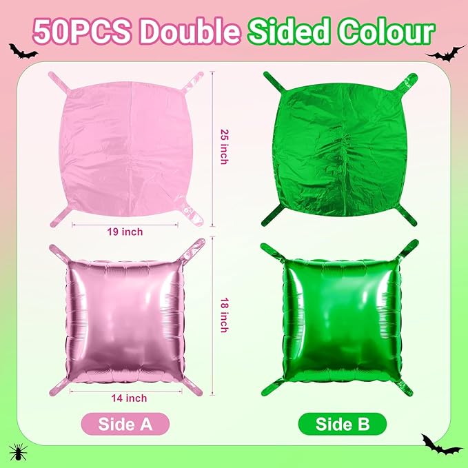 50 PCS Pink Green Square Foil Balloon Wall Backdrop 19 Inch Reusable DIY Mylar Balloons Tunnel Garland Arch Kit for Witch and Princess Theme Party Birthday Bachelorette Party Decoration