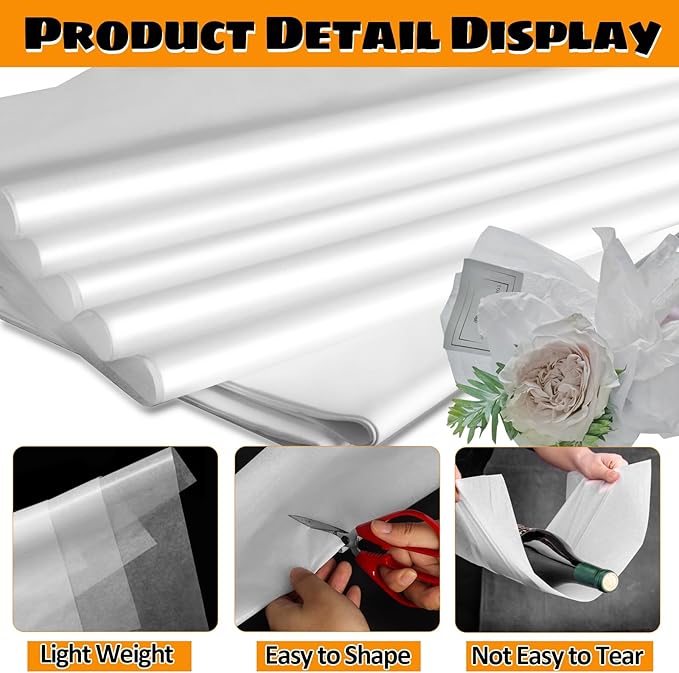 RYKOMO 200 Sheets 20 x 20 Inch White Acid-Free Tissue Paper for Gift Bags, White Wrapping Paper for Packaging, DIY Craft Birthday Wedding New Year Holiday Valentine's Day Décor