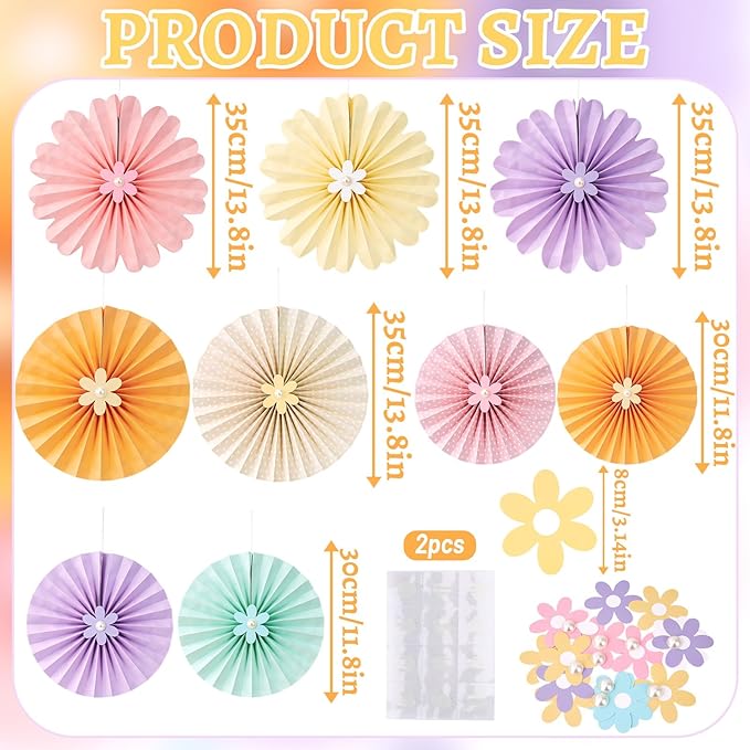 Pastel Paper Fans, Pastel Decorations for Party, Birthday, Classroom, Birthday, 9 PCS Yellow, Pink and Purple Pastel Paper Flower Decorations for Baby Shower, Wall Decor