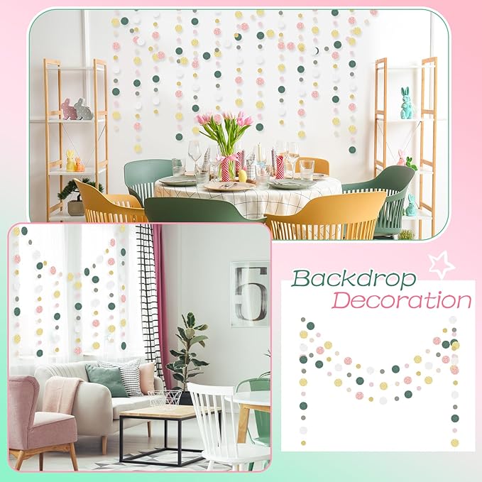 Outus 5 Pieces Colorful Dots Paper Garland Easter Decor Round Glitter Hanging Confetti Streamers Backdrop for Spring Birthday Classroom Halloween Trunk or Treat Car Decoration (Sage Green,Pink,Gold)