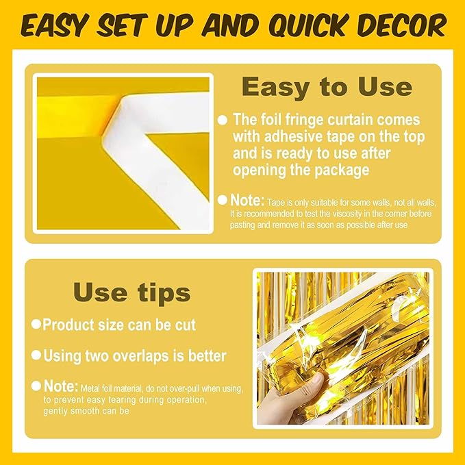3 Pack Gold Foil Fringe Curtains Backdrop, 3.28 x 8.2 Ft Metallic Streamers Tinsel Curtains Background for Photo Booth, Birthday, Halloween, Christmas, Thanksgiving, New Year Party Decorations