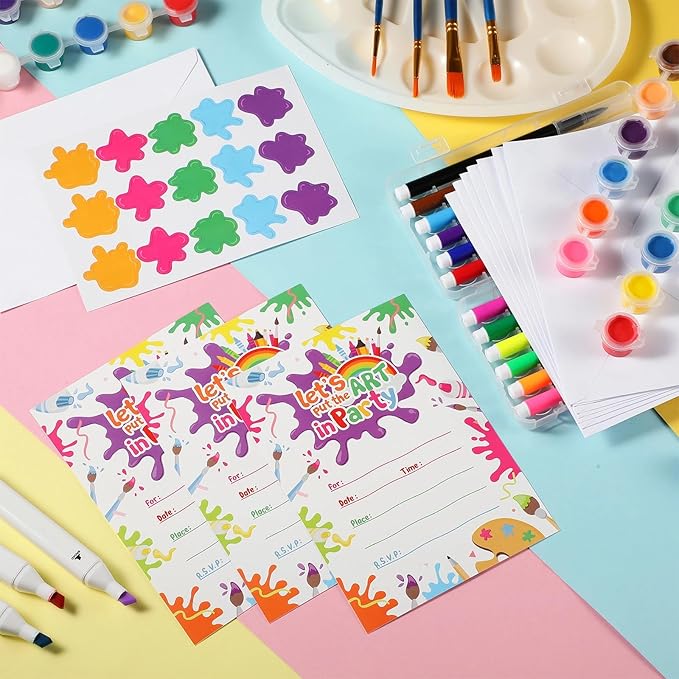 Pajean 24 Set Art Painting Party Invitations with Envelopes Colorful Birthday Cards Paint Themed Invitation Letters Paint Fill in Invites with 30 Stickers for Art Party Supplies