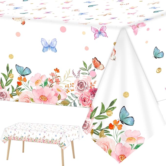 3 PCS Butterfly Birthday Tablecloths for Floral Butterfly Party Decorations Spring Summer Flower Plastic Disposable Rectangle Table Cover for Girls Baby Shower Weddings Tea Party Supplies Favors