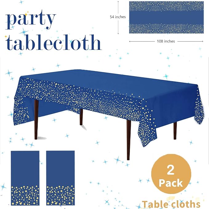 Yancorp 2 Pack Plastic Tablecloth Disposable Navy Blue Gold Tablecloth for Rectangle Tables 54" x 108" Party Decorations Birthday Thanksgiving Christmas Wedding Outdoor BBQ Picnic