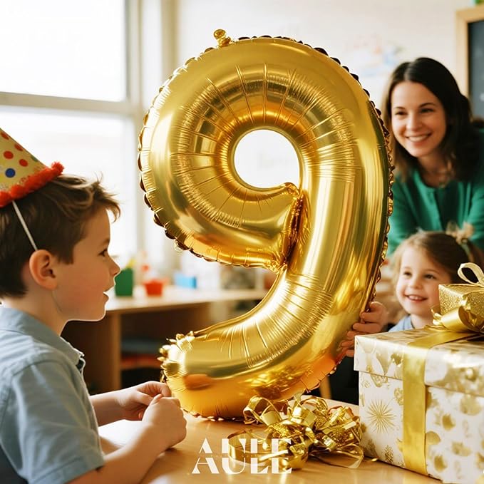 AULE 40 Inch Big Gold 9 Balloon Number Large Foil Helium Number Balloons 0-9 Jumbo Giant Happy 9th Birthday Party Decorations for Boy or Girl Huge Mylar Anniversary Party Supplies