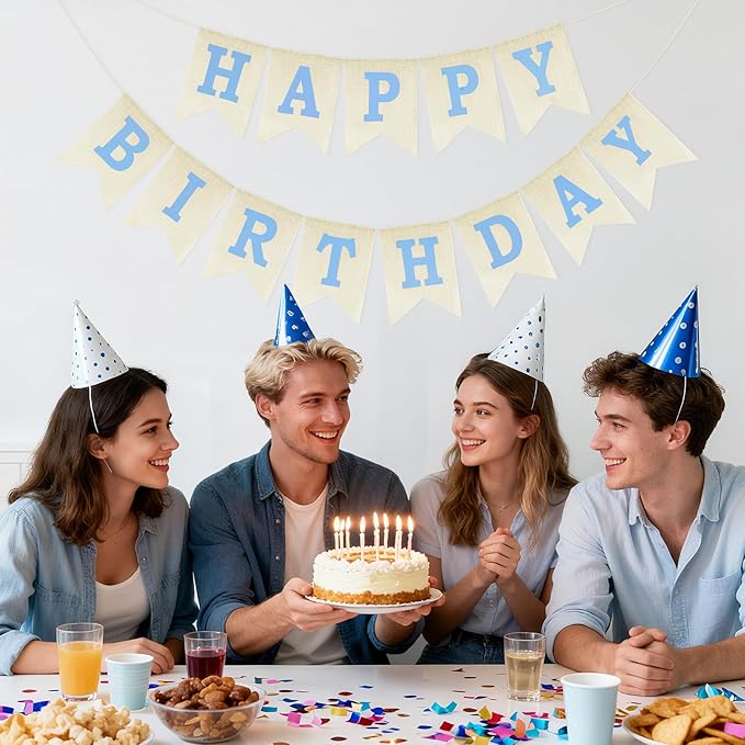 Anwyll Happy Birthday Banner - NO DIY Burlap Happy Birthday Banner Sign Happy Birthdays Party Decoration Happy Birthdays Banners Bunting for Men Boy Prince Celebration Party Backdrops (Blue)