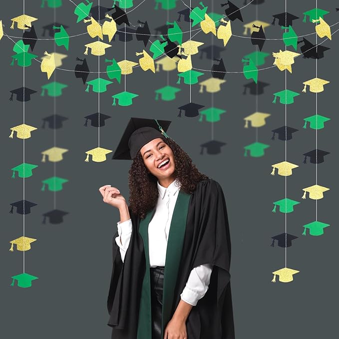 Black Green and Gold Graduation Garland Graduation Party Decorations Class of 2026 Grad Cap Garland Banner Streamers for Grad Party Hanging Decorations 39Feet