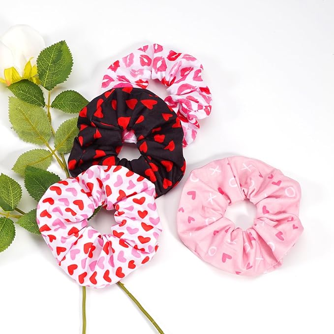 Valentines Hair Scrunchies Red Heart XOXO Hair Ties for Women Girls Elastics Ponytail Holder Valentine‘s Day Hair Tie Love Hair Ropes Valentines Hair Accessories Hair Decoration