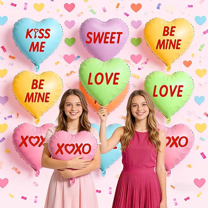 12pcs Valentine's Day Heart Balloons, 18 Inch Foil Heart Shaped Balloons With Heart Garland Valentines Galentines Day Decorations