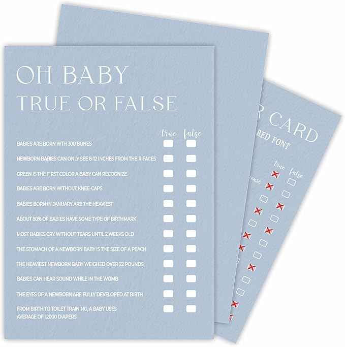Oh Baby True Or False Game Kit - Minimalism Mist Blue - 30 Fill In Game Cards & 1 Answer Card, Gender Reveal & Baby Announcement Party Favor & Decor - B04