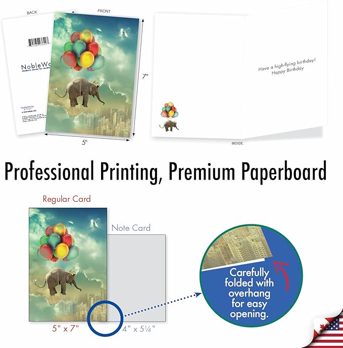 NobleWorks Birthday Greeting Card with 5 x 7 Inch Envelope (1 Card) Bday Elefantasy Adventures - Balloons C10307KBDG
