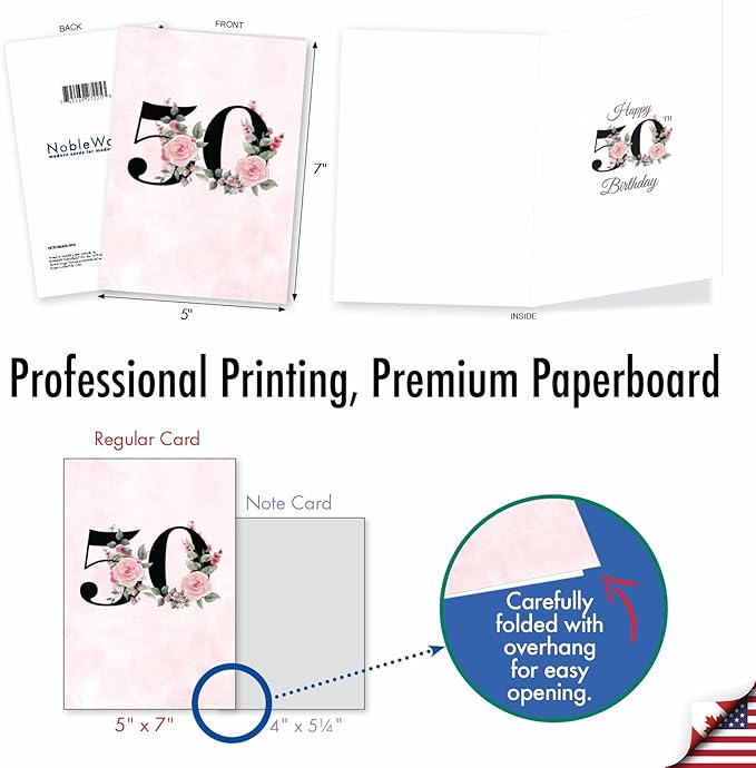 NobleWorks - 50th Milestone Birthday Greeting Card with 5 x 7 Inch Envelope (1 Card) Floral Age 50 C8255MBG