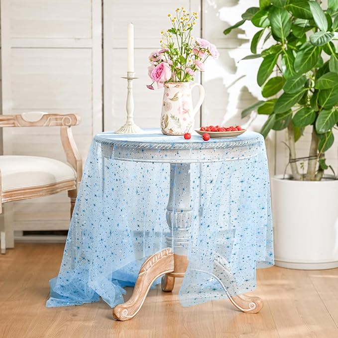 Horaldaily Light Blue Gold Sparkling Star Gauze Tablecloth 52x70 Inch Rectangular, Blue Star Sequin Glitter Metallic Foil, Sheer Tulle Cheesecloth for Wedding Baby Shower Party